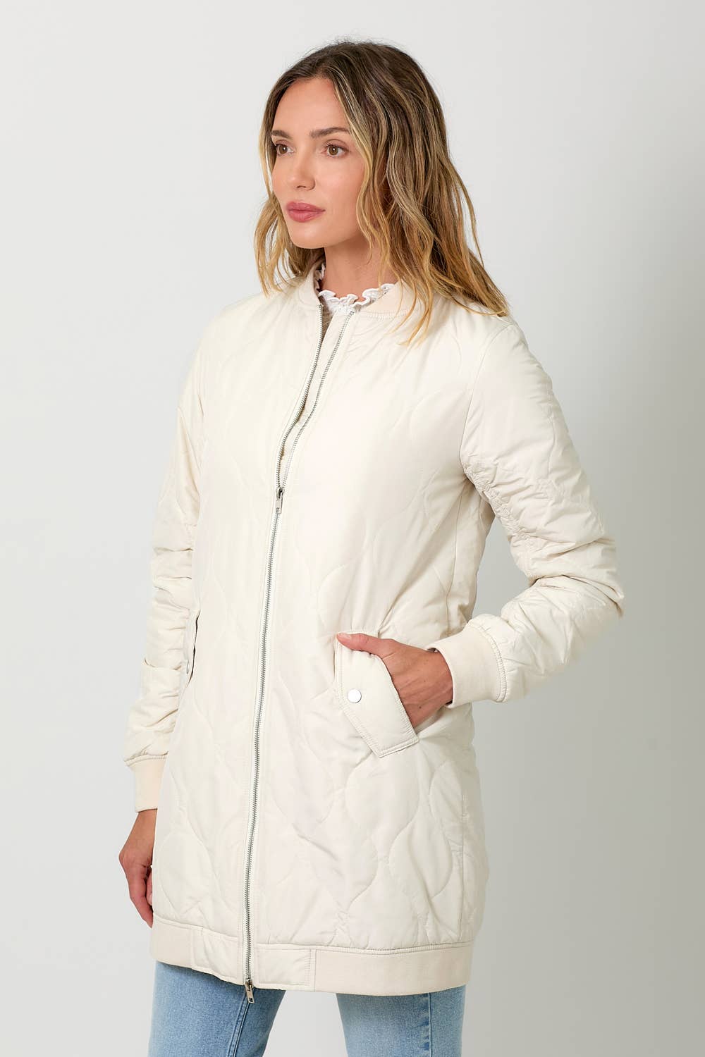 Mystree - 60268 Quilted Long Bomber Jacket Mystree