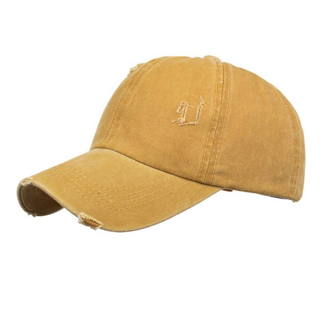 BB Solid Fabric Distressed Ponytail Cap