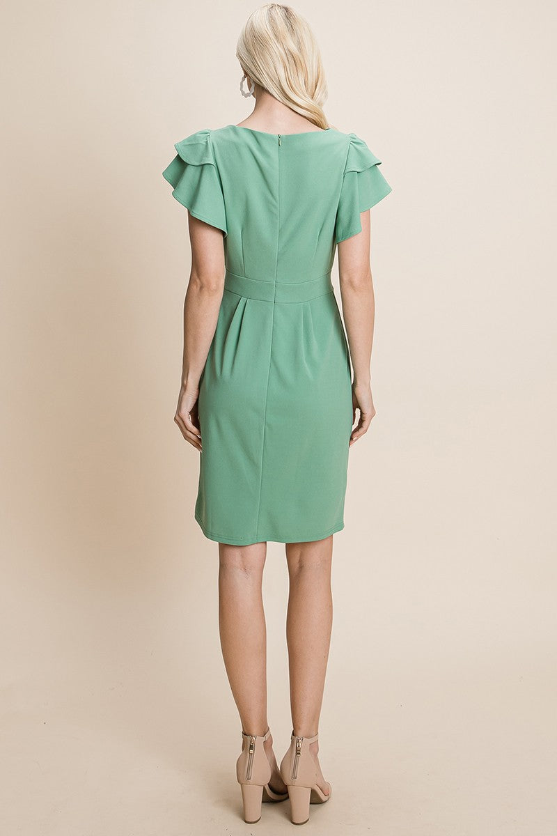 Sage Ruffle Sleeve Boat-Neck Sheath Bodycon Dress