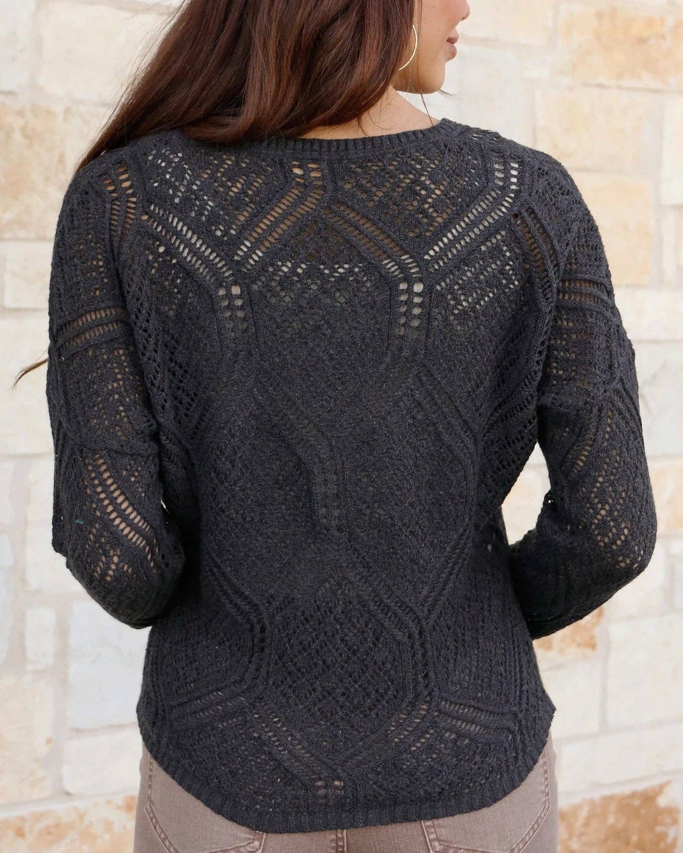 V-Neck Pointelle Sweater in Charcoal