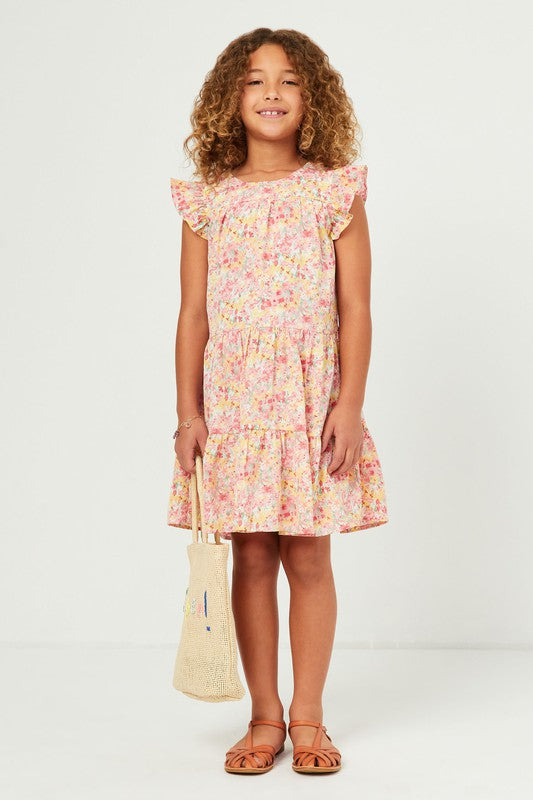 Girls Floral Print Ruffle Sleeve Tiered Dress