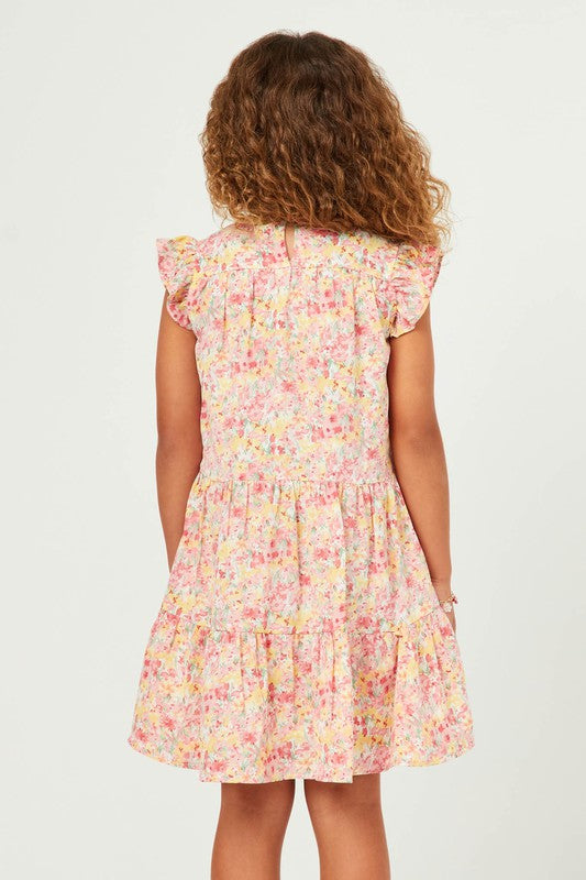 Girls Floral Print Ruffle Sleeve Tiered Dress