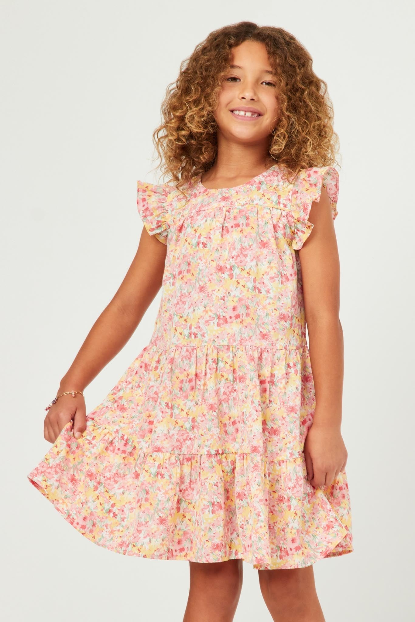 Girls Floral Print Ruffle Sleeve Tiered Dress