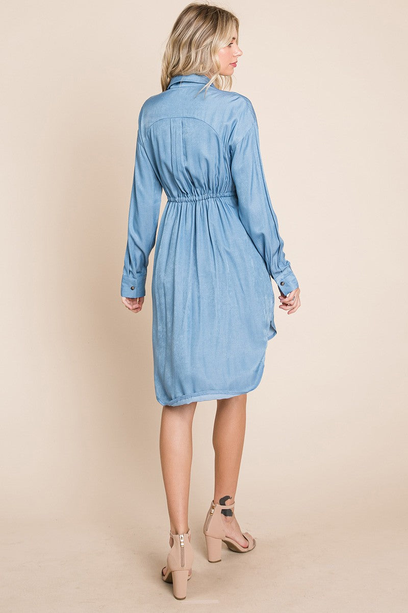 Denim Button Down drawstring Tie waist Chambray Dress