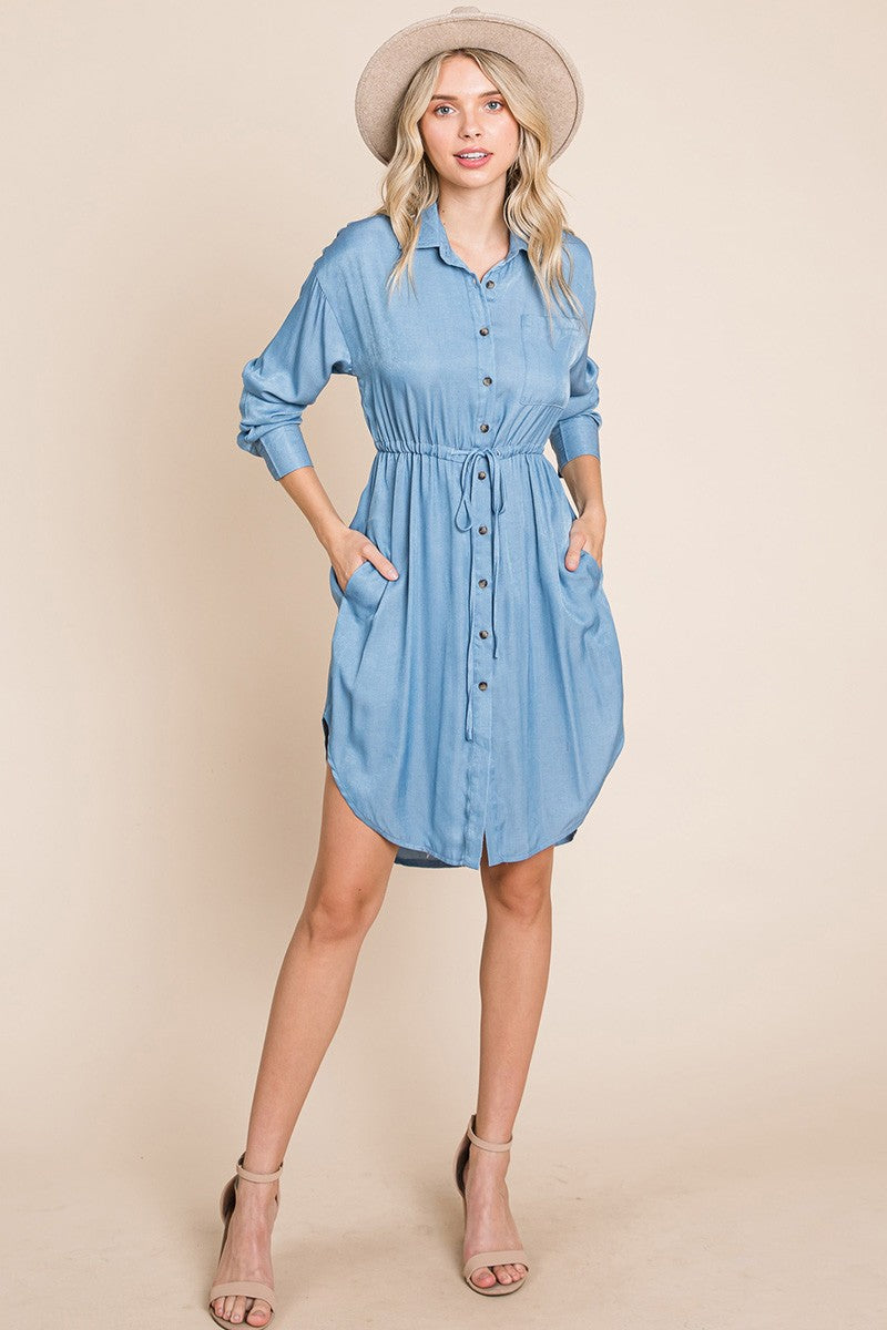 Denim Button Down drawstring Tie waist Chambray Dress