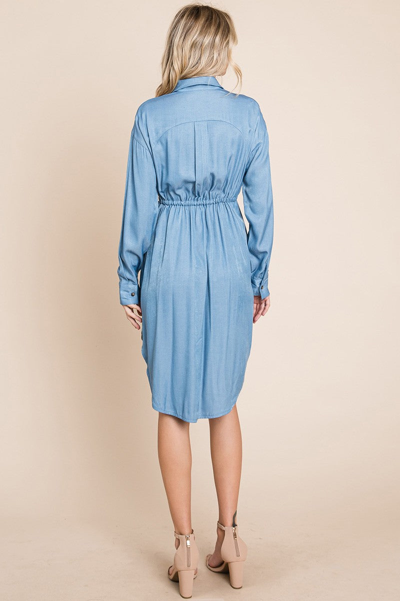 Denim Button Down drawstring Tie waist Chambray Dress