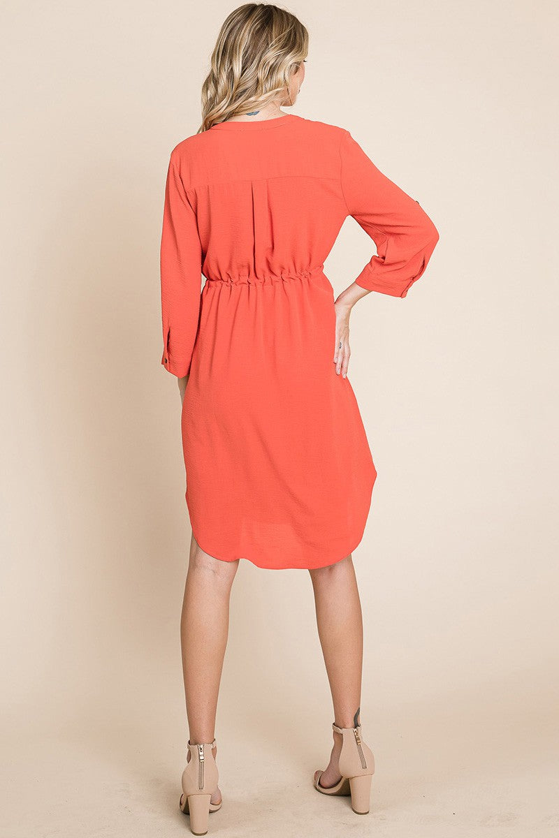 Terra Cotta 3/4 Sleeve Buttoned Waist Tie V Neck Shirt Dress