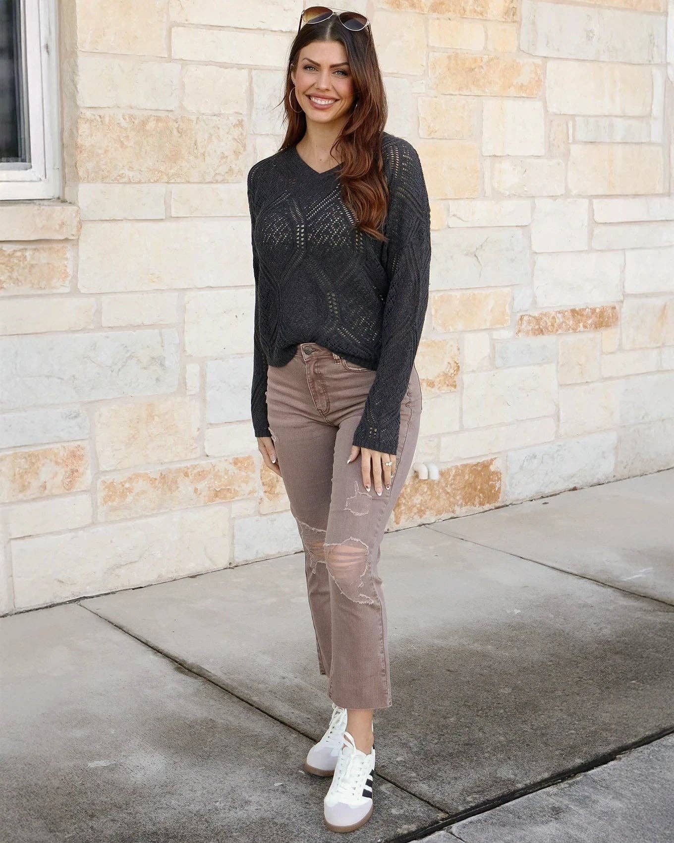 V-Neck Pointelle Sweater in Charcoal