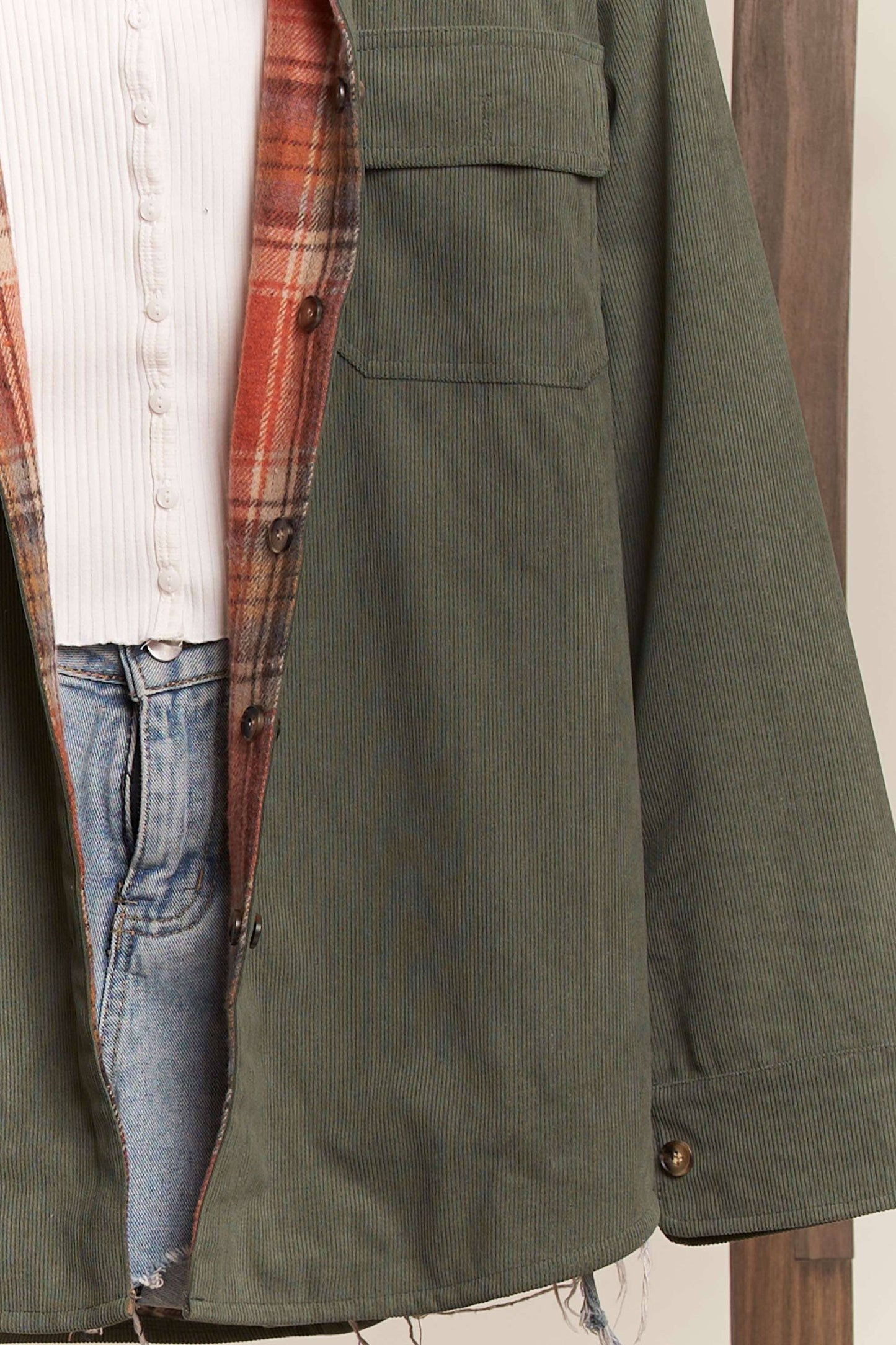 Reversible Corduroy and Plaid Button Down Shacket Mello.