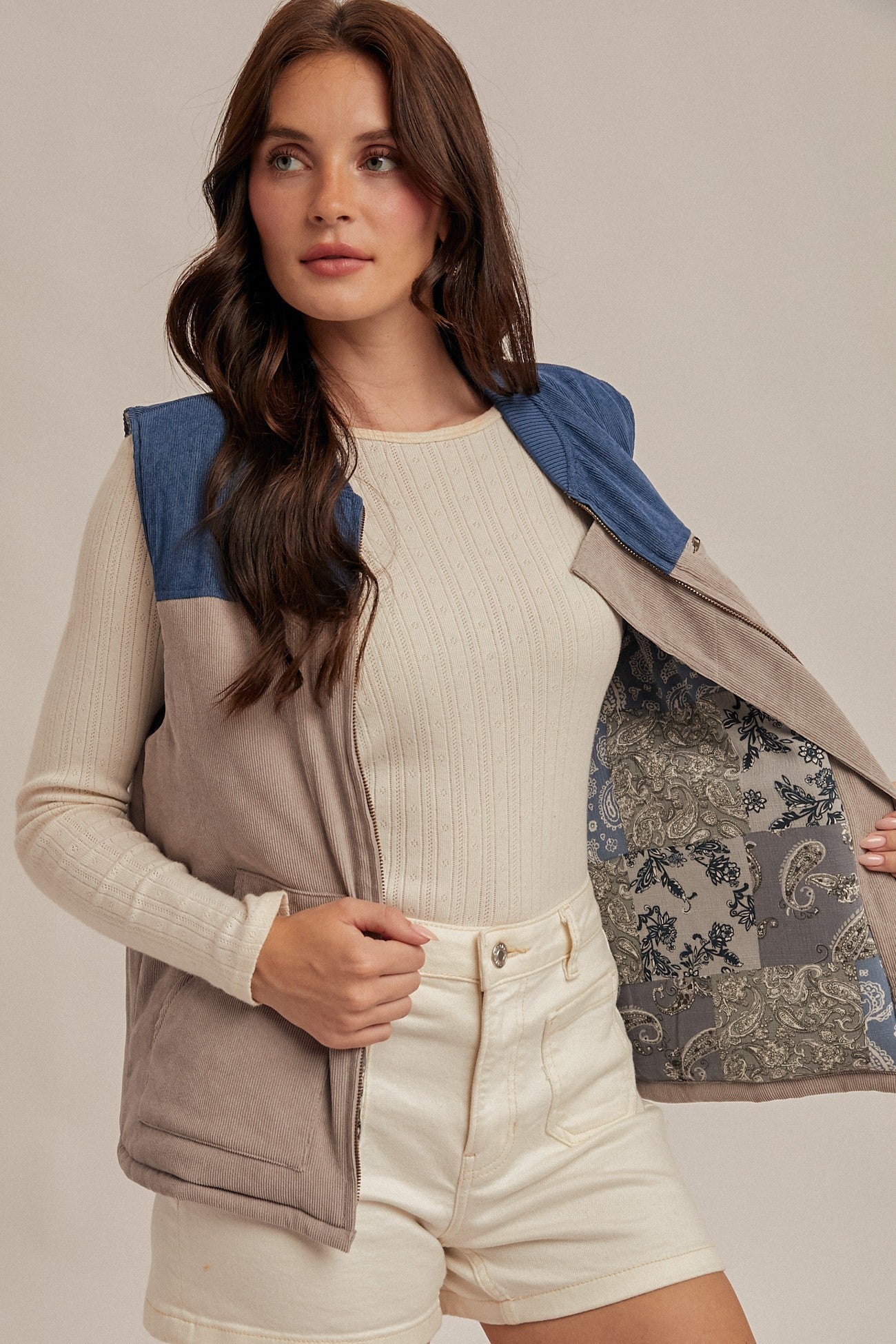 Corduroy Vest – Mixed Print Lining and Color Block Dolphin Grey & Blue
