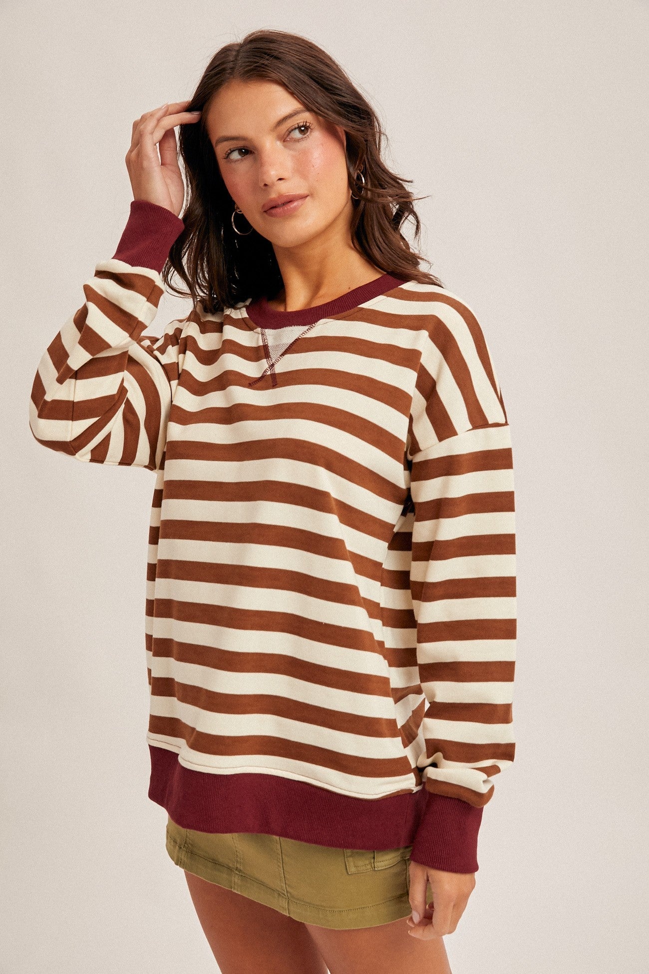 Color Contrast Stripe Oversized Top Hem and Thread
