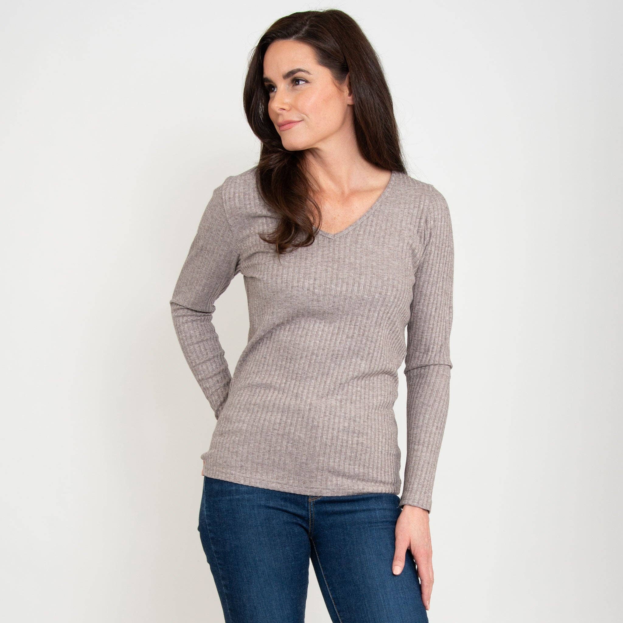 Ribbed Long Sleeve Top | Alba Oatmeal V-Neck Wardrobe Essential