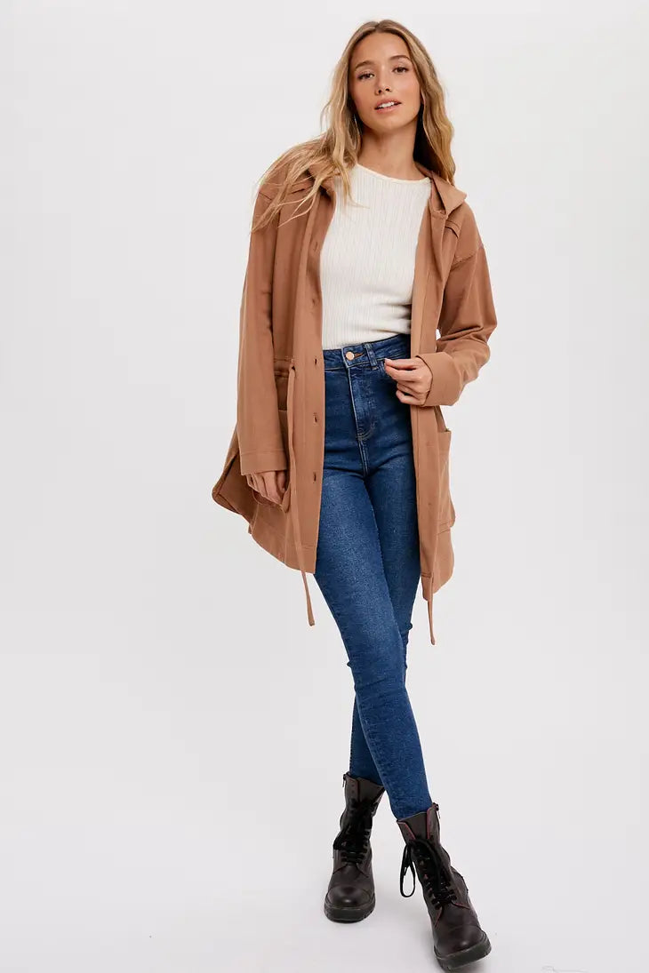 CAMEL BUTTON FRONT HOODIE JACKET