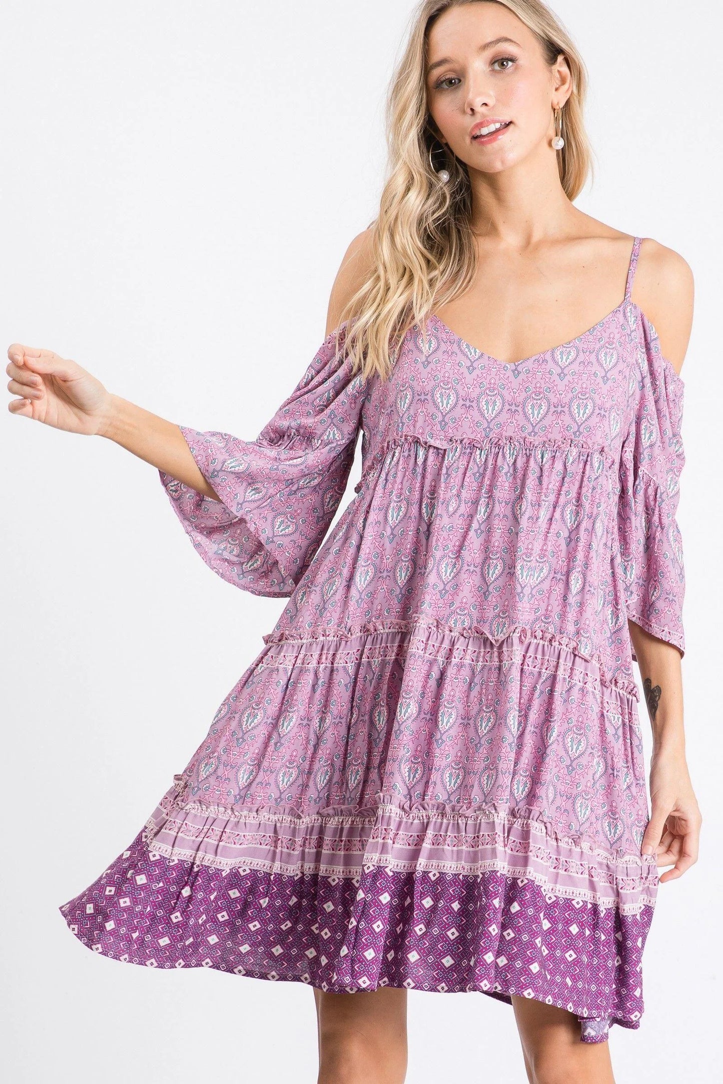Mixed Pattern Flounce Sleeve Dress