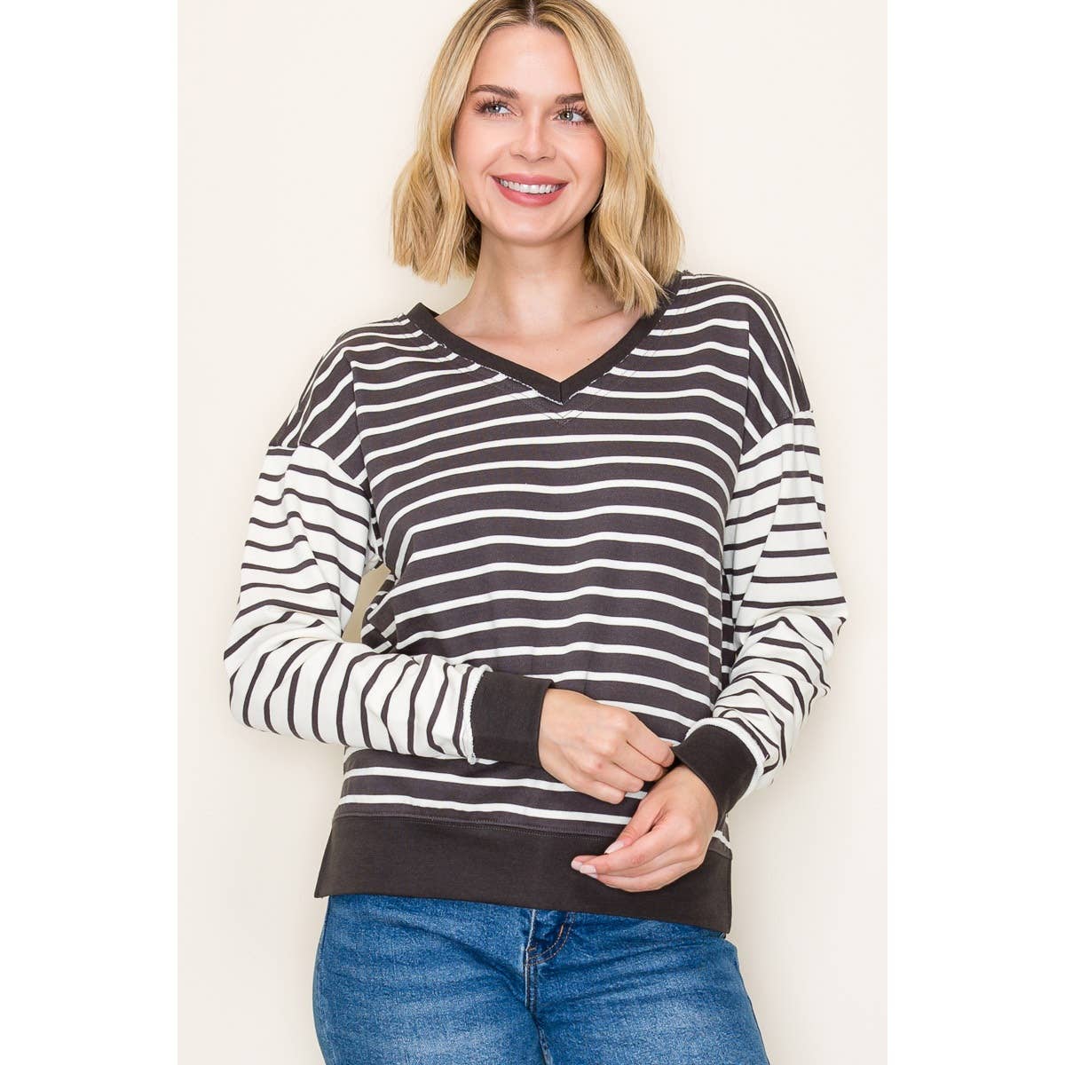 V-Neck Top – Striped, Colorblocked French Terry Long Sleeve Pullover