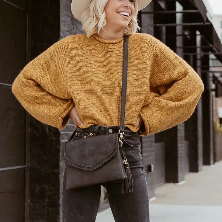 Sloane Flapover Crossbody w/ Whipstitch and Tassel