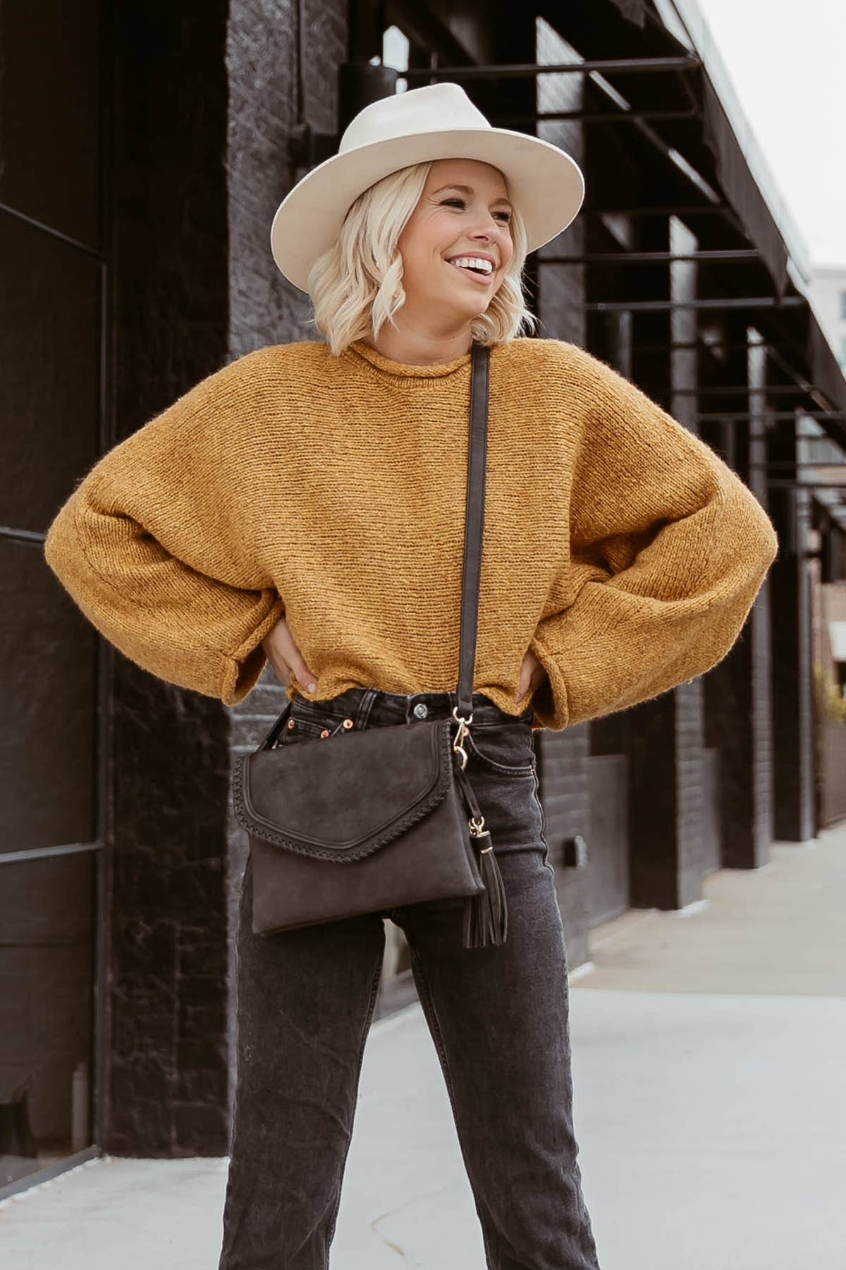 Sloane Flapover Crossbody w/ Whipstitch and Tassel: Earth Grey