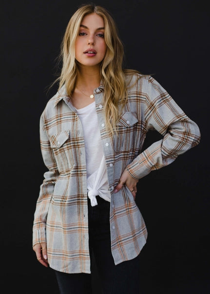 Grey, Camel & White Plaid Flannel