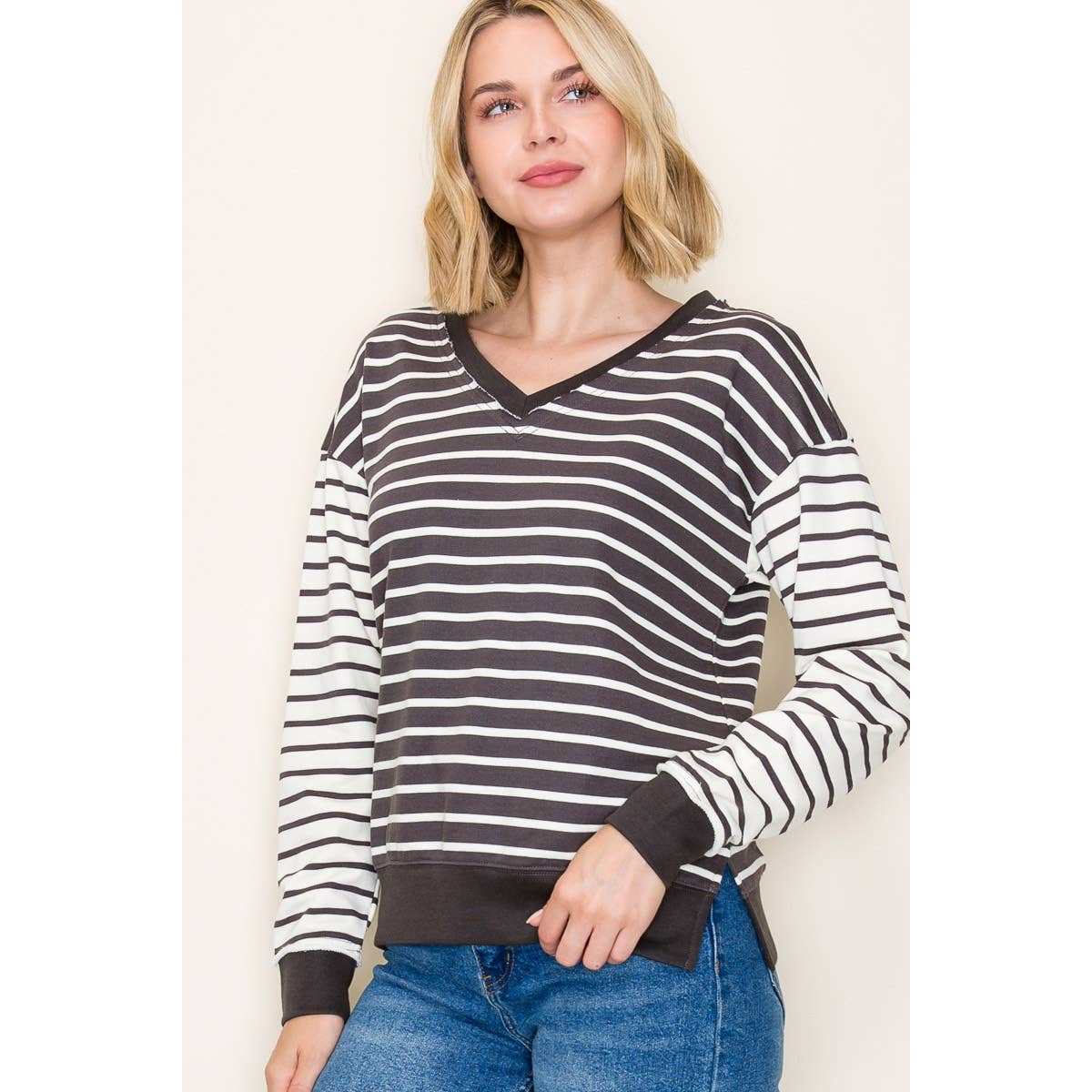 V-Neck Top – Striped, Colorblocked French Terry Long Sleeve Pullover