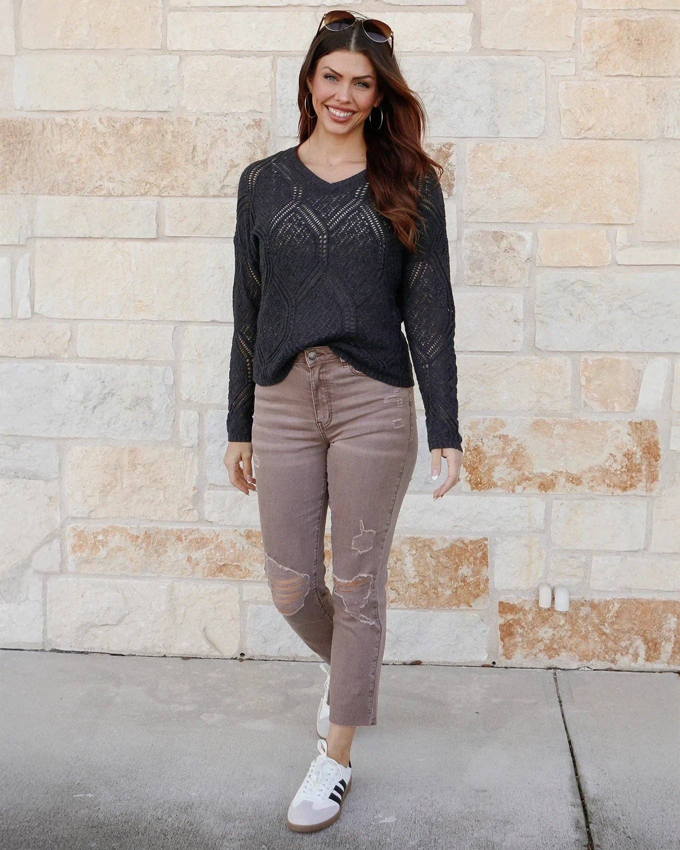 V-Neck Pointelle Sweater in Charcoal