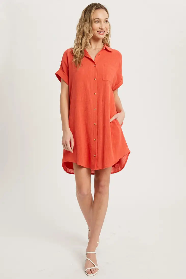BUTTON UP SHIRT DRESS WITH POCKET