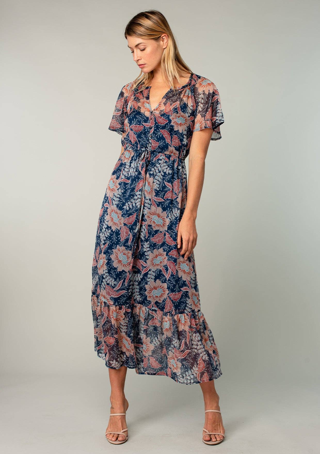 Lovestitch - Floral Chiffon Flutter Sleeve Tiered Maxi Dress Lovestitch