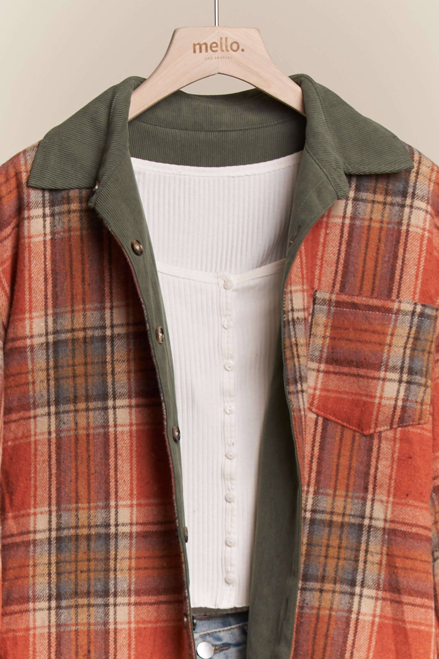 Reversible Corduroy and Plaid Button Down Shacket Mello.