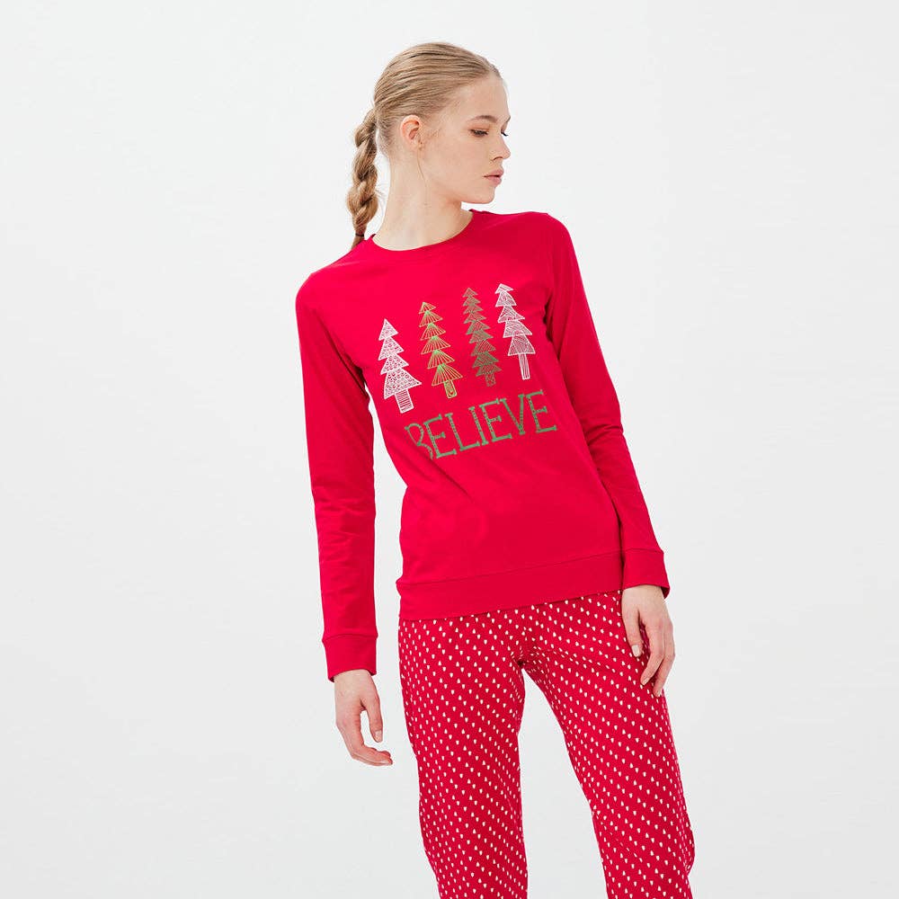 Red Christmas Believe Cotton Pajama Set Fall-Winter Some More Design