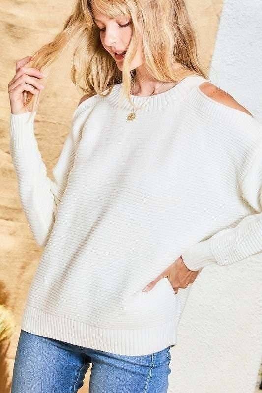 White Cold Shoulder Sweater Hidden Rose Boutique