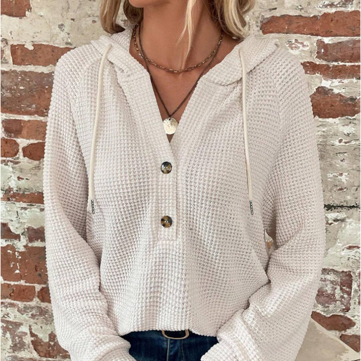 Waffle Knit Hoodie | Solid Color Button-Up Pullover XS–XXL