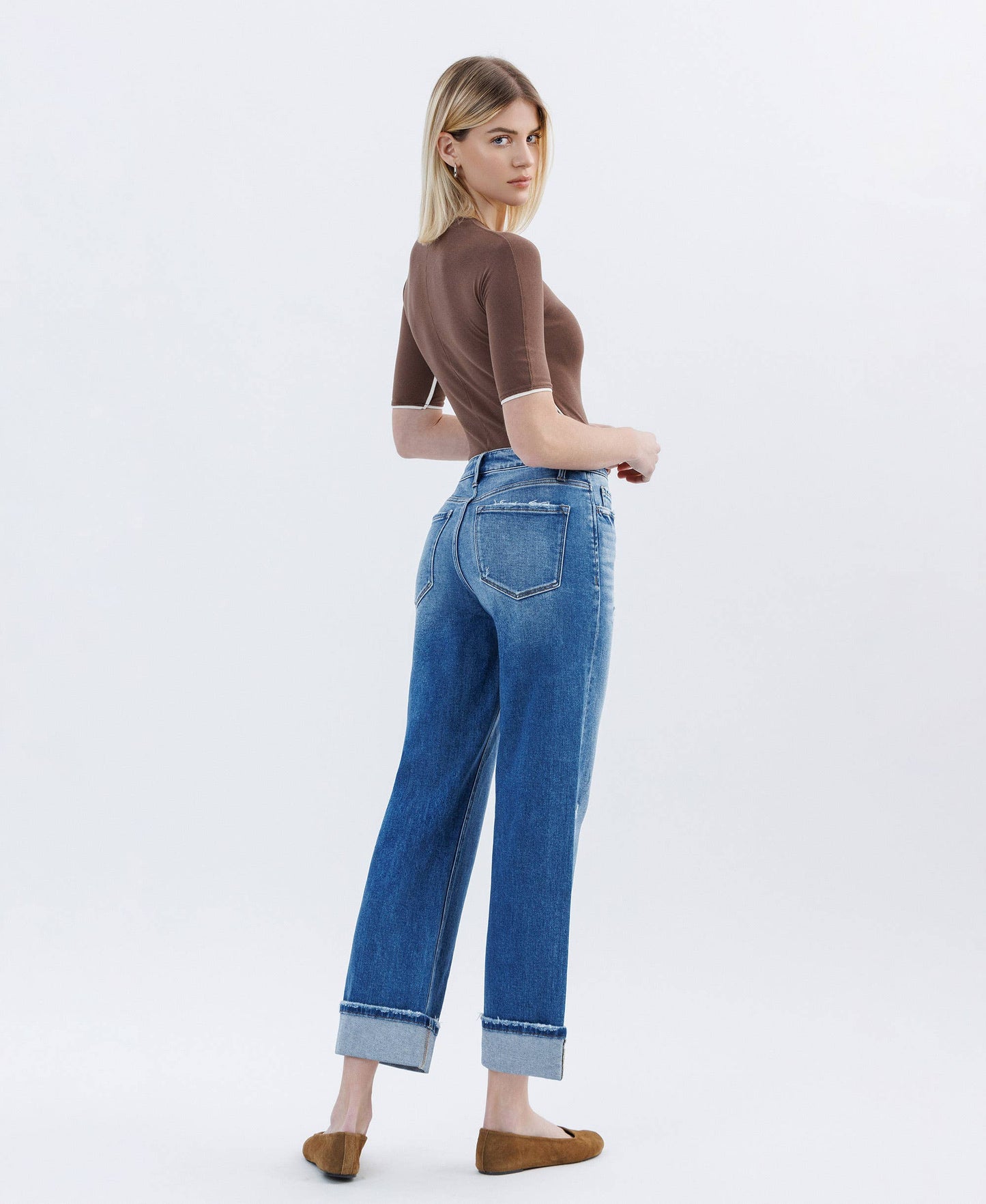 HIGH RISE CUFFED SLIM WIDE LEG JEANS FLYING MONKEY