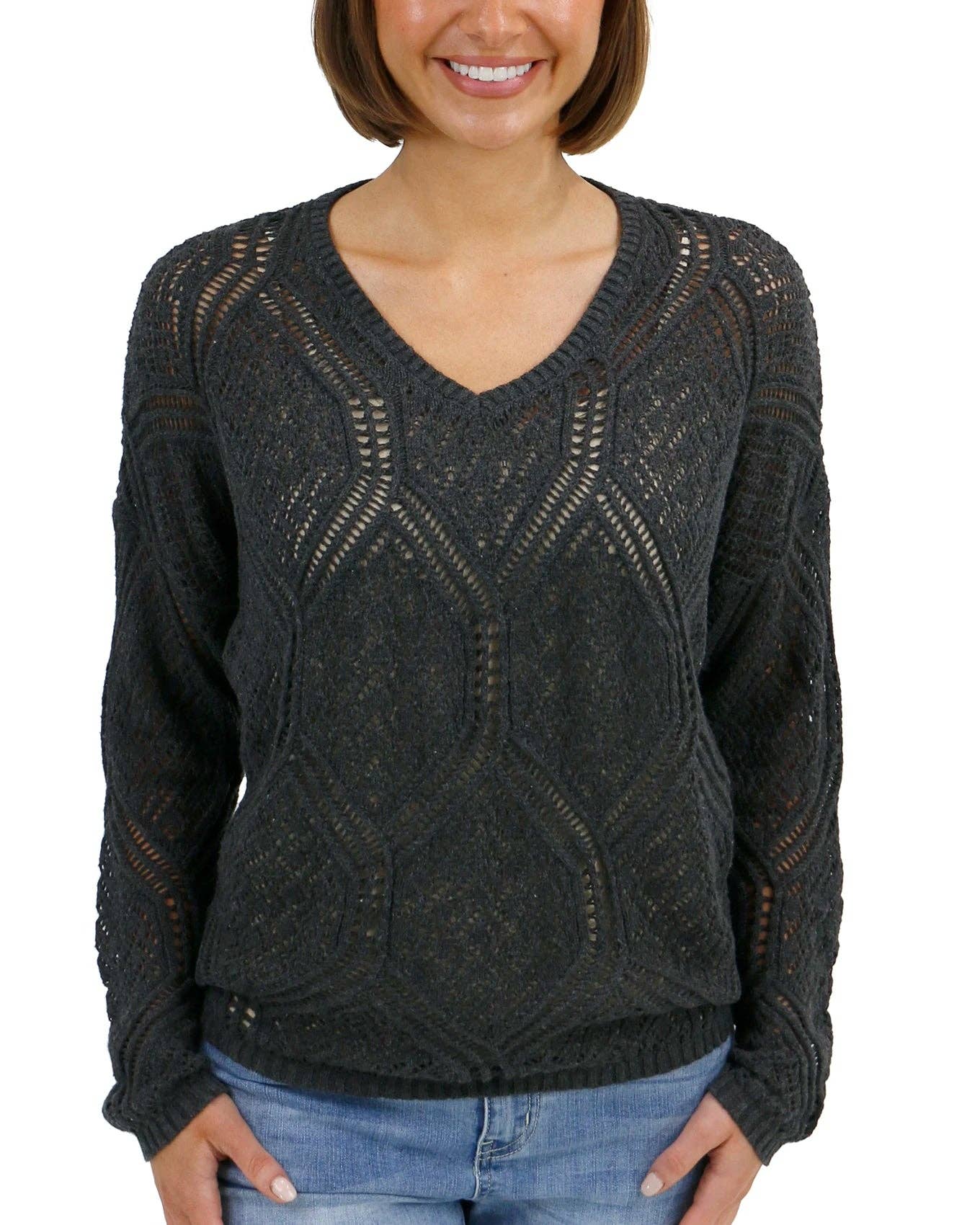 V-Neck Pointelle Sweater in Charcoal