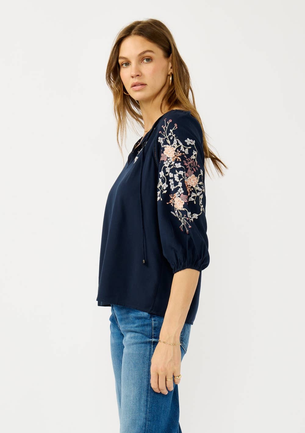 Lovestitch - Floral Embroidered Split Neck Blouse Lovestitch