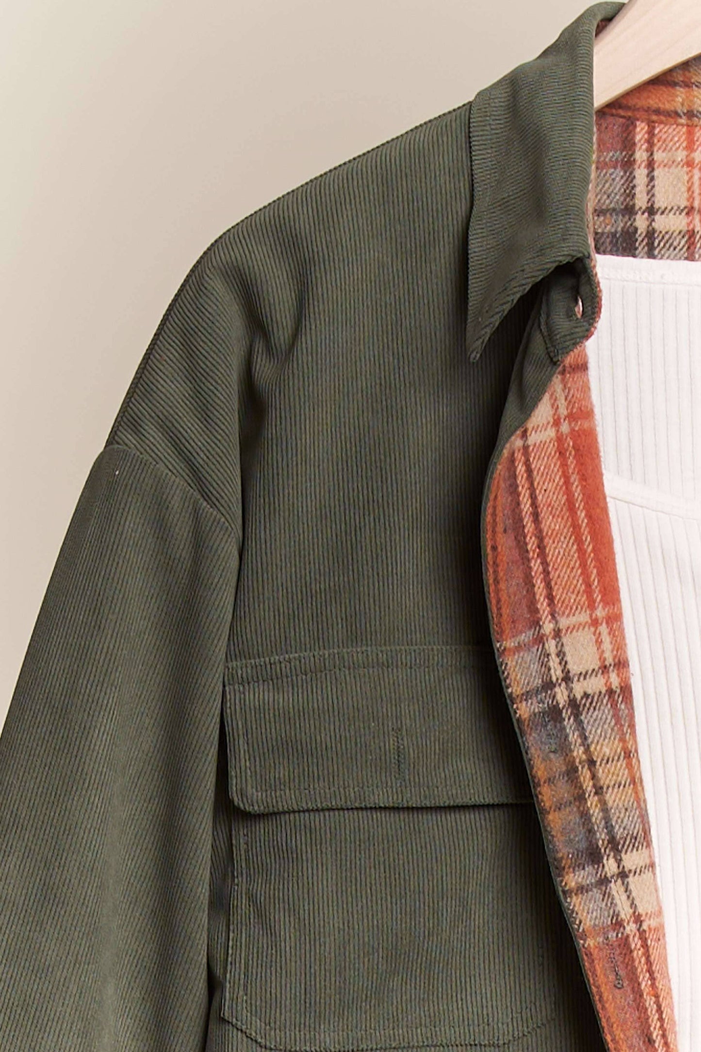 Reversible Corduroy and Plaid Button Down Shacket Mello.