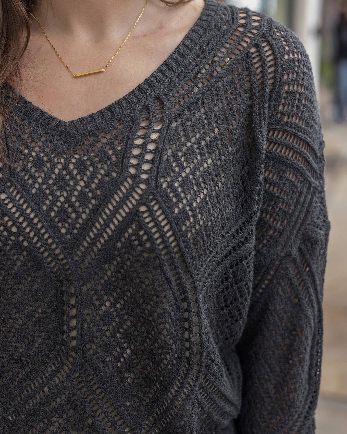 V-Neck Pointelle Sweater in Charcoal
