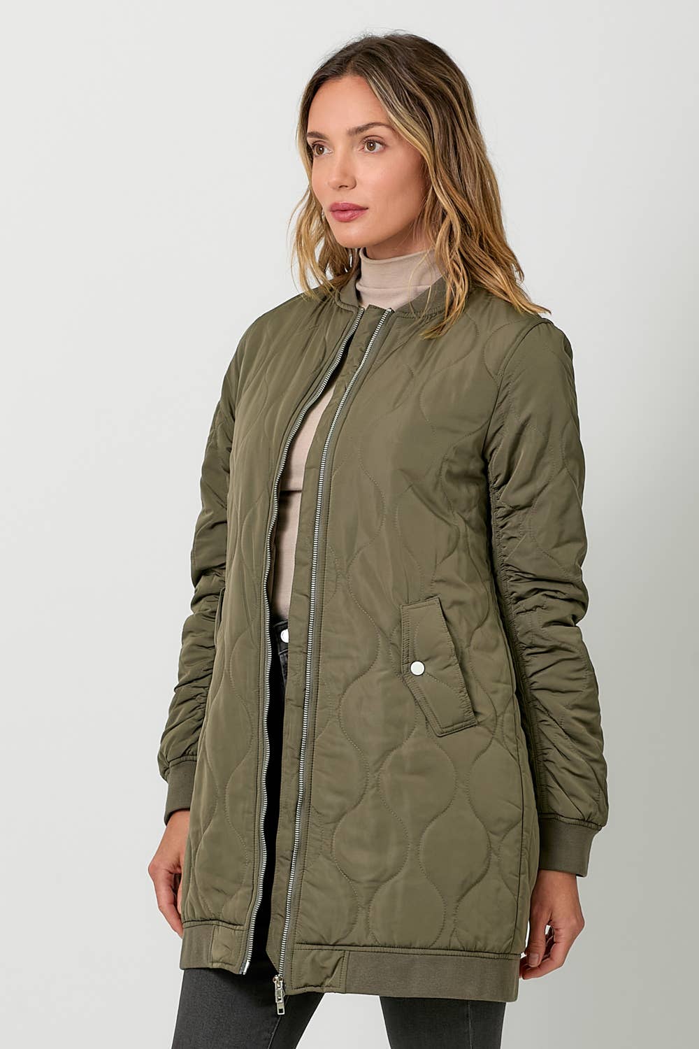 Mystree - 60268 Quilted Long Bomber Jacket Mystree