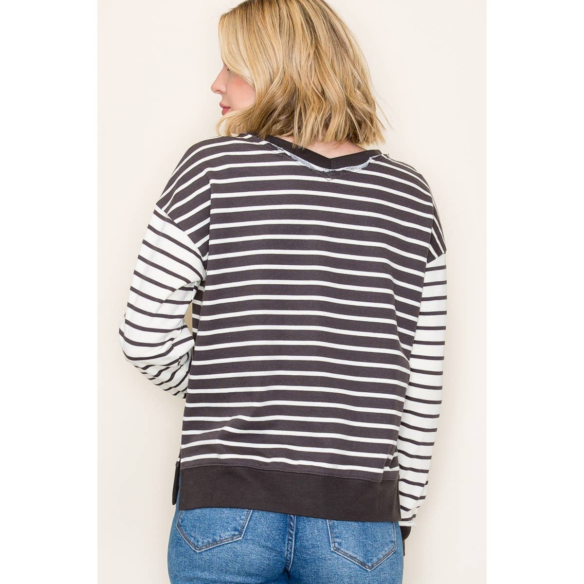 V-Neck Top – Striped, Colorblocked French Terry Long Sleeve Pullover