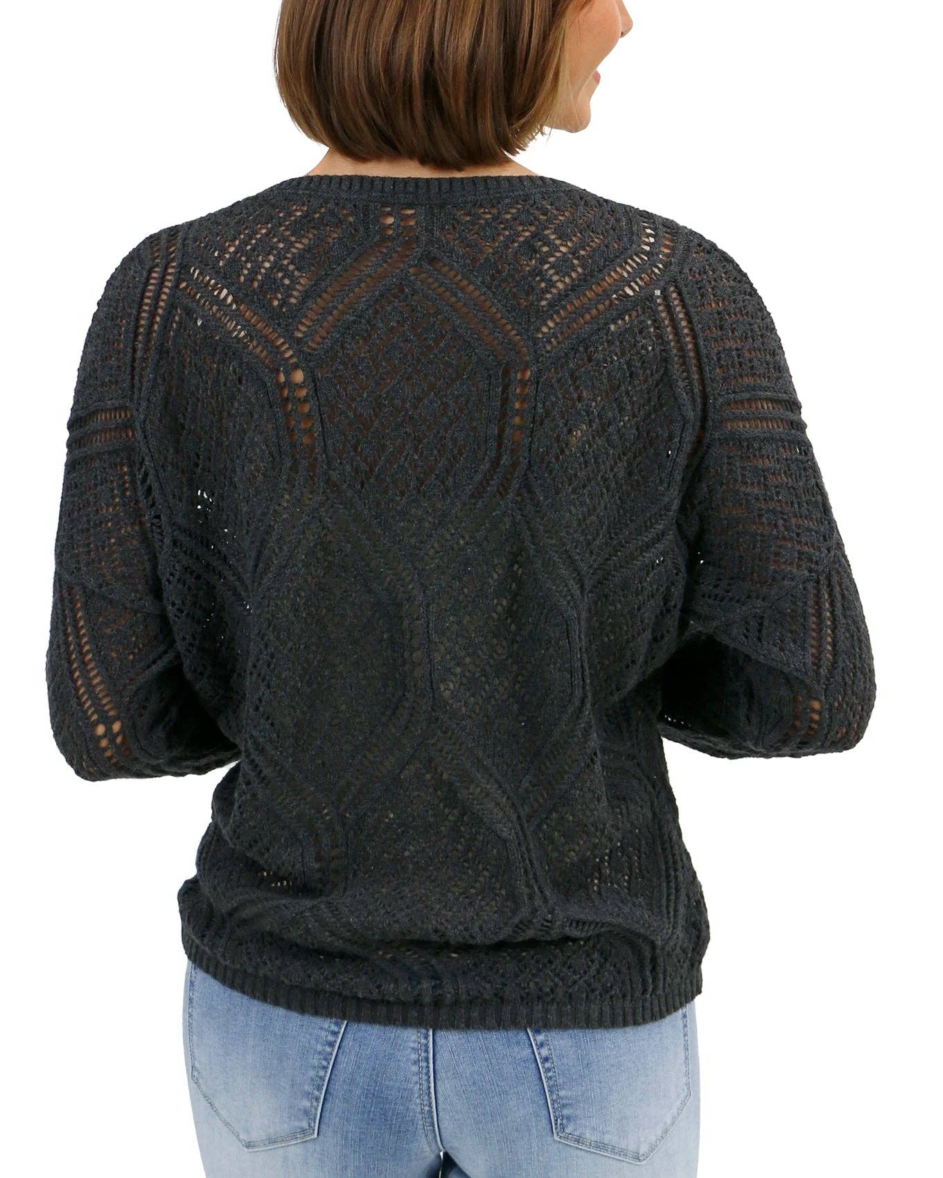 V-Neck Pointelle Sweater in Charcoal
