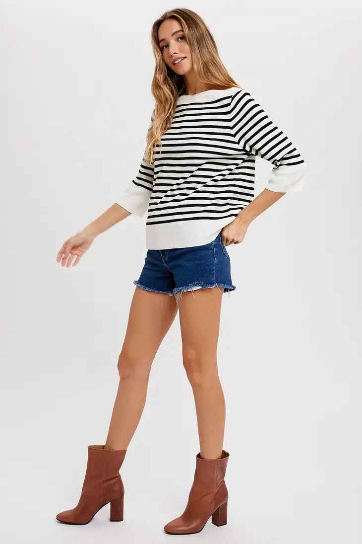 BLACK STRIPE BOATNECK PULLOVER