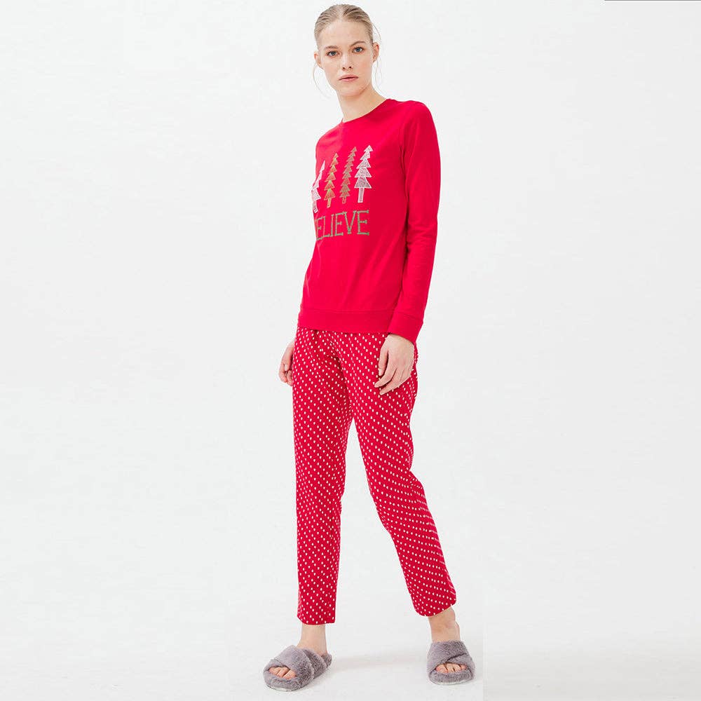 Red Christmas Believe Cotton Pajama Set Fall-Winter Some More Design