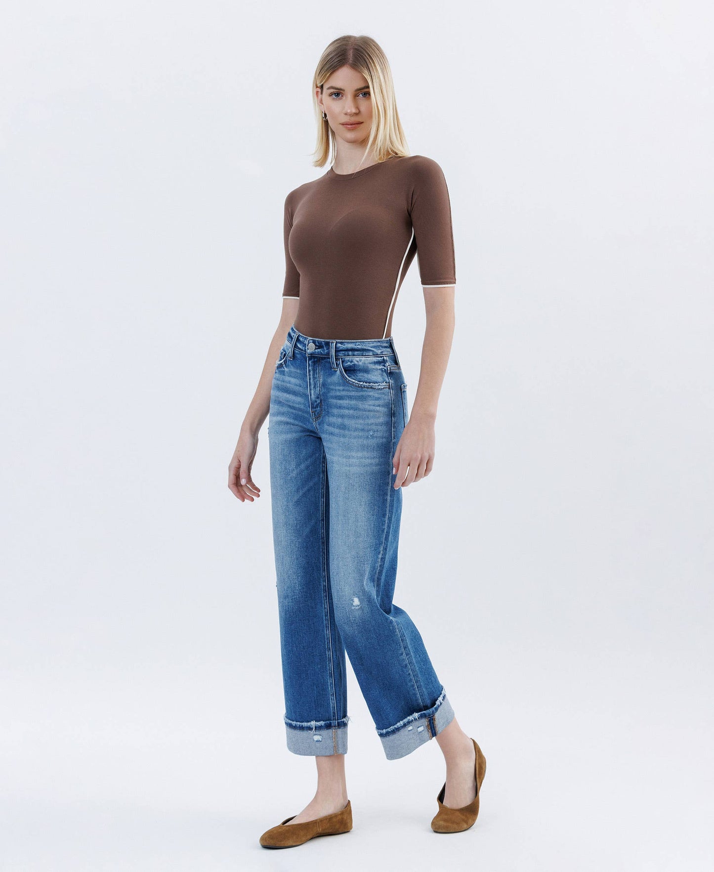 HIGH RISE CUFFED SLIM WIDE LEG JEANS FLYING MONKEY