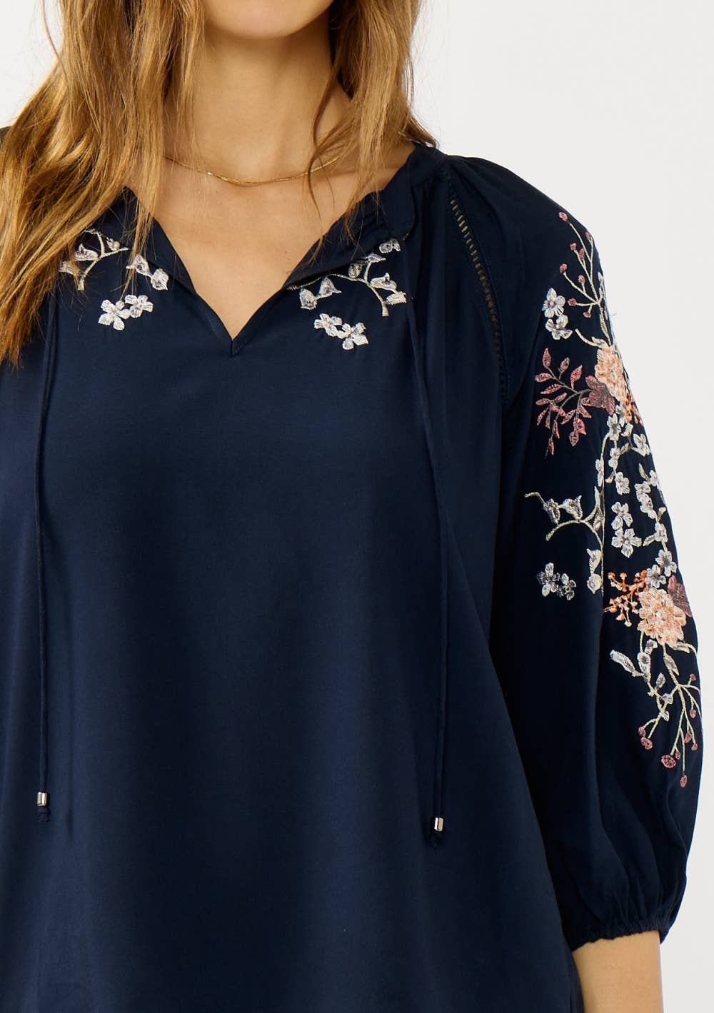 Lovestitch - Floral Embroidered Split Neck Blouse Lovestitch