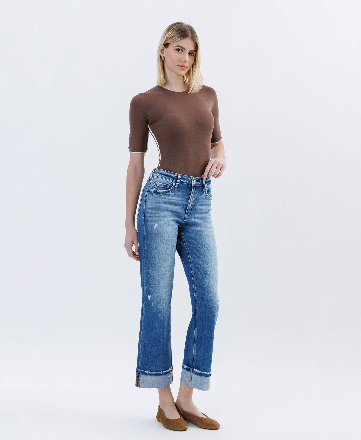 HIGH RISE CUFFED SLIM WIDE LEG JEANS FLYING MONKEY