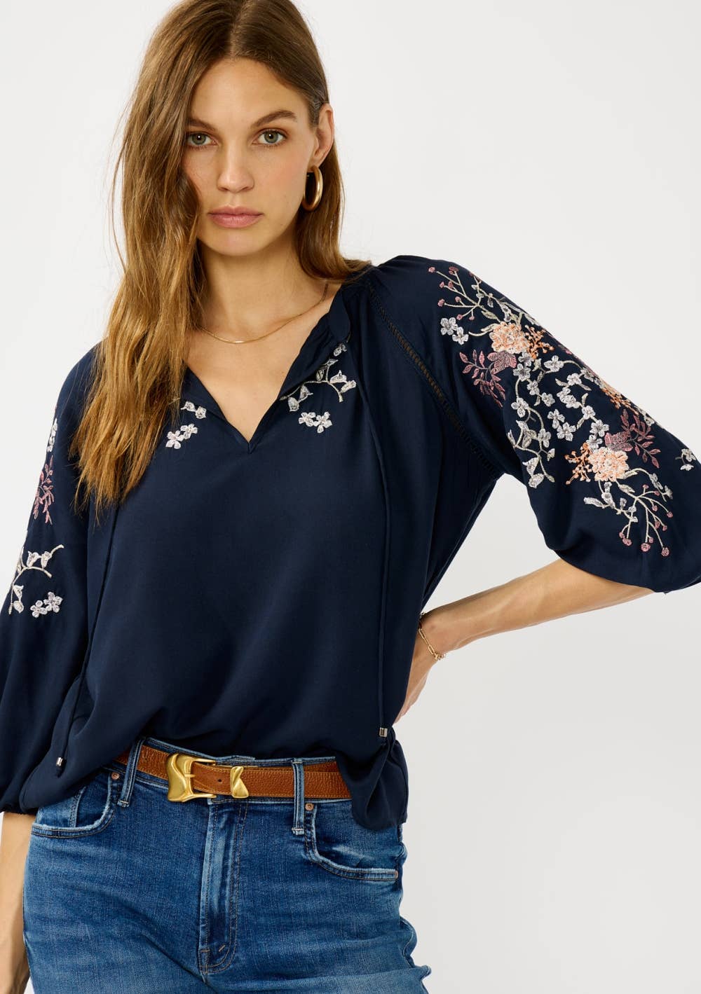 Lovestitch - Floral Embroidered Split Neck Blouse Lovestitch