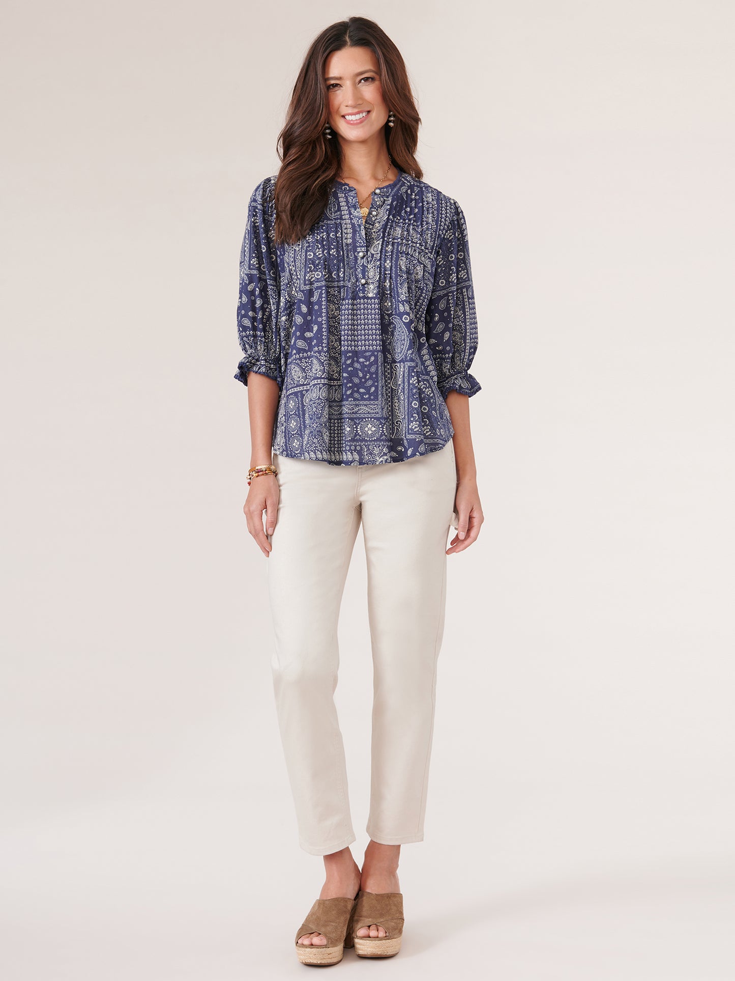 Navy Oatmeal Multi Elbow Lantern Sleeve Top