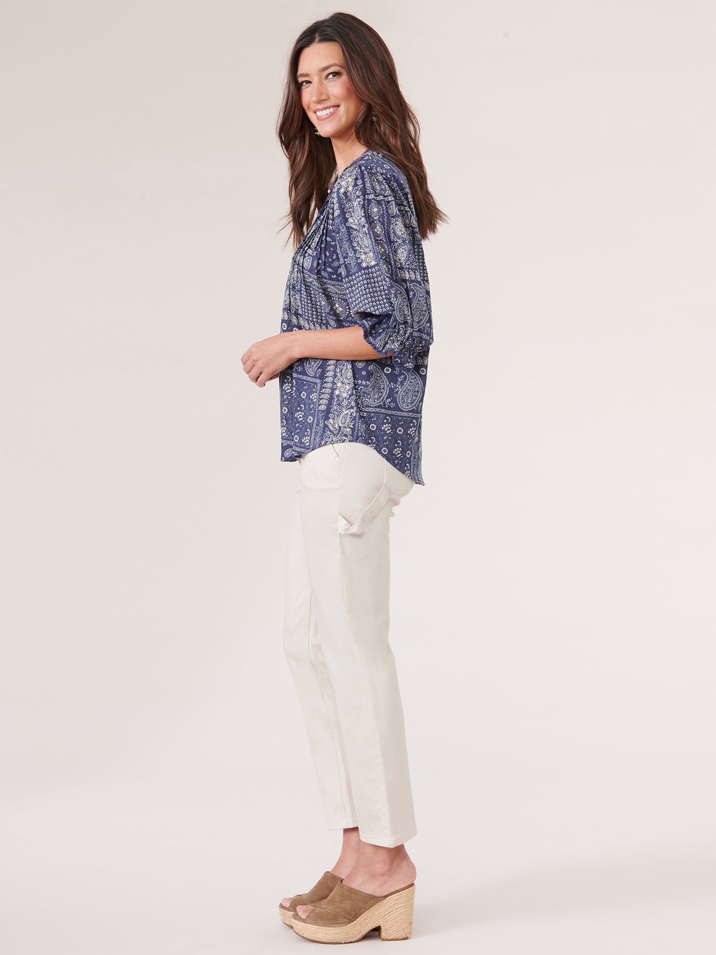Navy Oatmeal Multi Elbow Lantern Sleeve Top