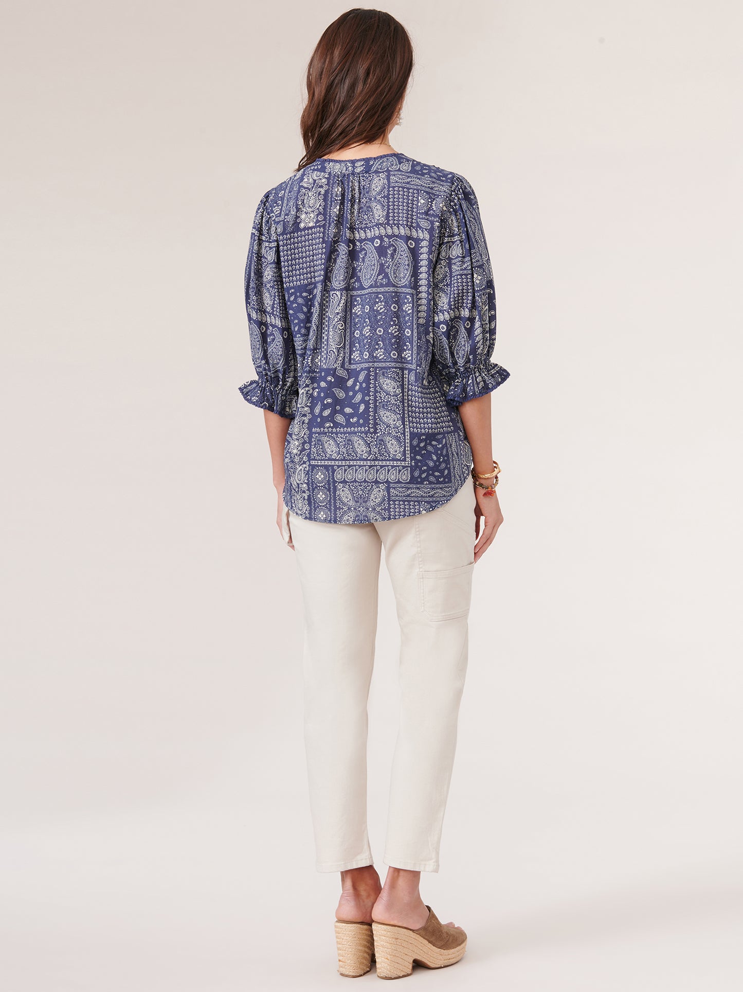 Navy Oatmeal Multi Elbow Lantern Sleeve Top