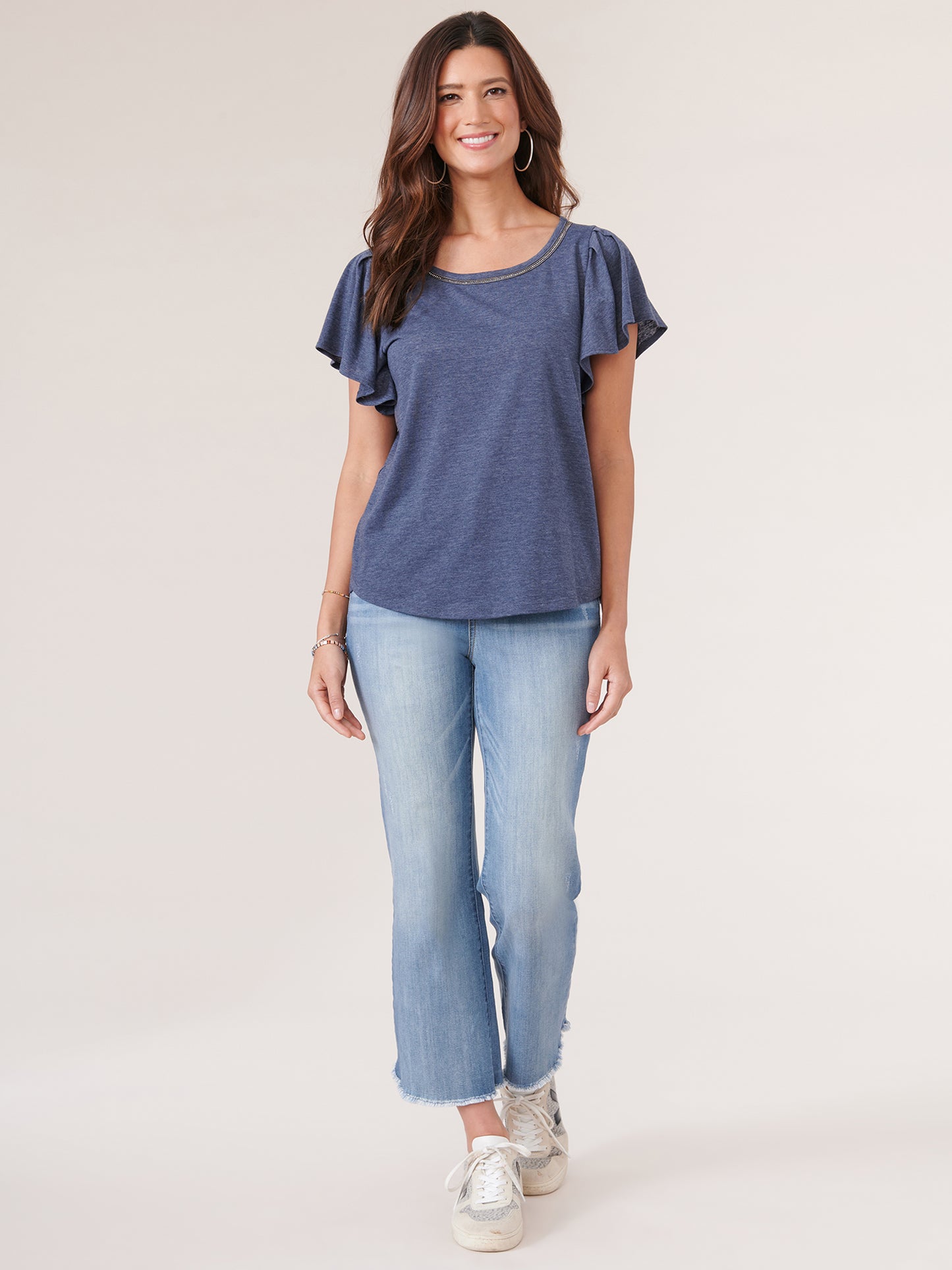 Heather Navy Flutter Sleeve Top
