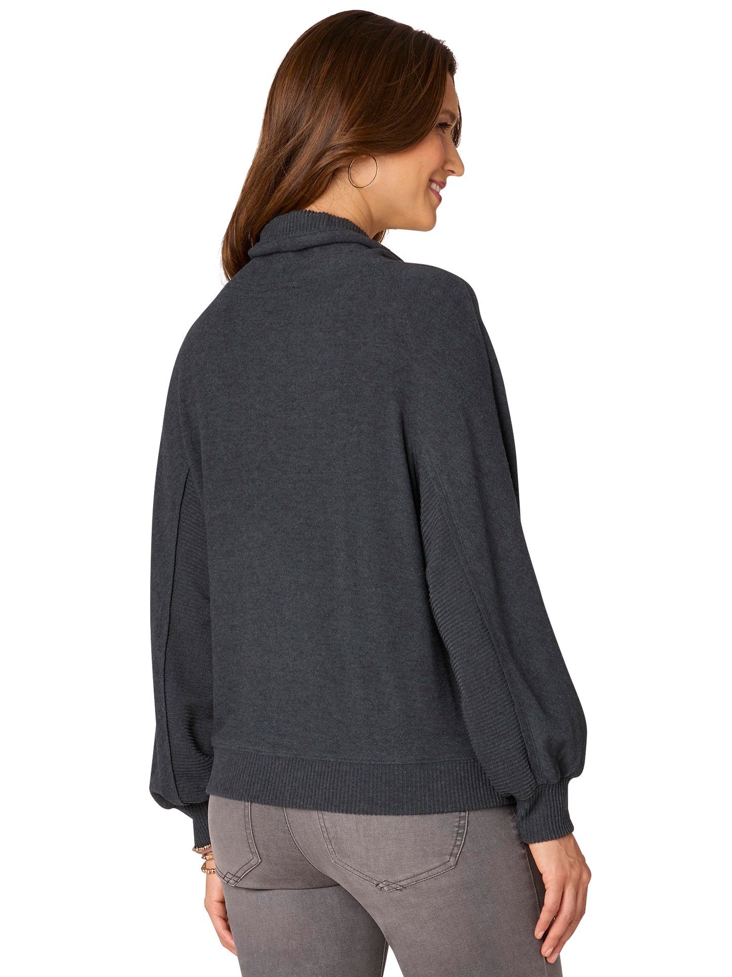 PLUS SIZE LONG BLOUSON SLEEVE, FUNNEL NECK WITH TIES, DOUBLE POCKET, BANDED MIXED MEDIA KNIT TOP Fall-Winter JOOR - Democracy