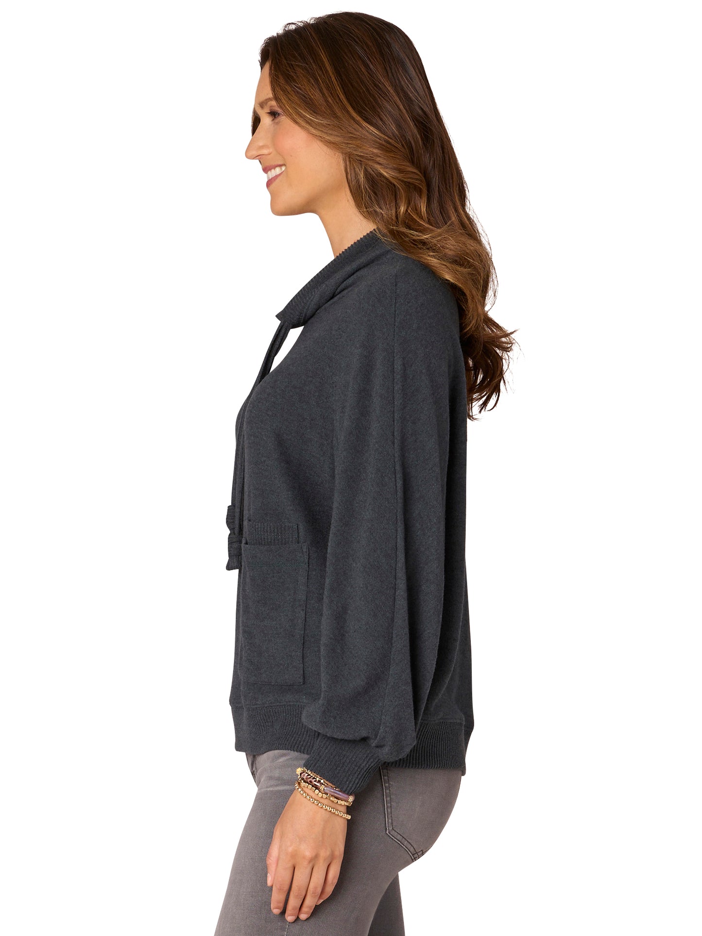 PLUS SIZE LONG BLOUSON SLEEVE, FUNNEL NECK WITH TIES, DOUBLE POCKET, BANDED MIXED MEDIA KNIT TOP Fall-Winter JOOR - Democracy